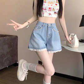 甜辣chic牛仔短裤女2026夏季高腰显瘦阔腿A字百搭小个子钉珠花边