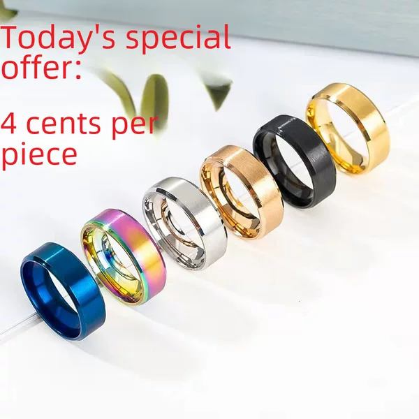 Cross-border European and American explosions stainless steel 8mm double bevel matte brushed smooth men's titanium steel ring wholesale