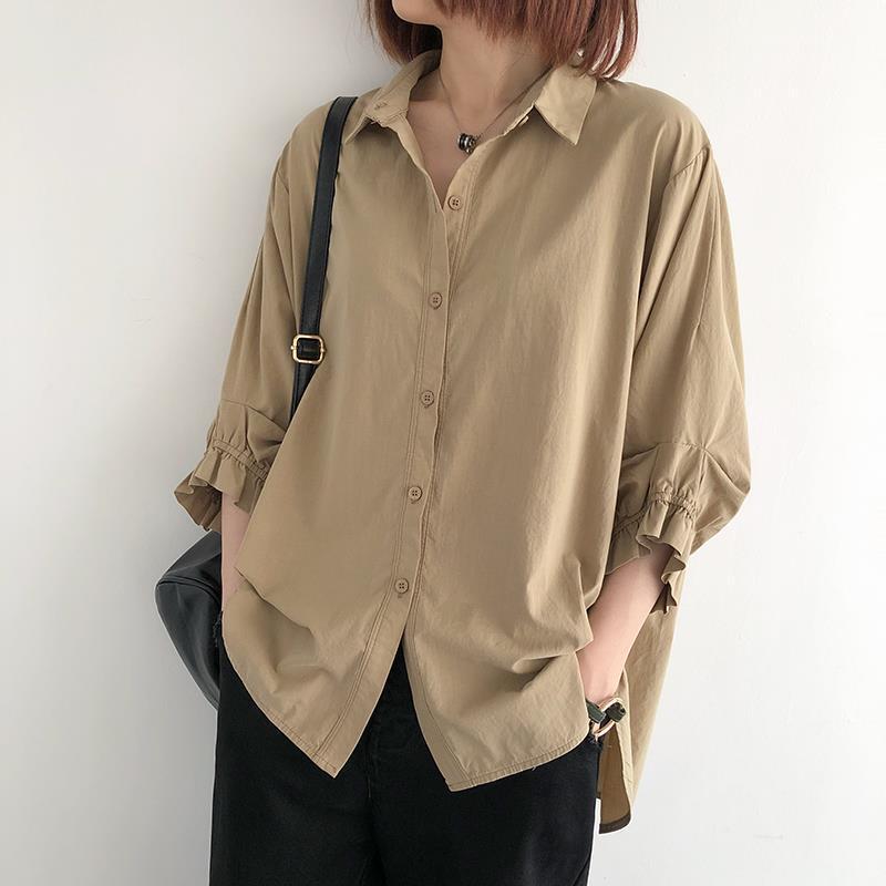 Lantern sleeve shirt women's spring and summer new Korean style half sleeve blouse loose plus size thin three-quarter sleeve blouse
