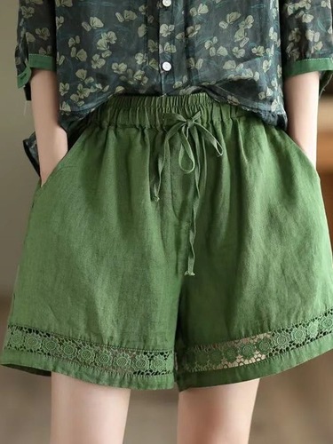 Summer thin linen shorts for women, retro lace frill elastic waist casual pants, loose versatile wide-leg cotton linen pants 