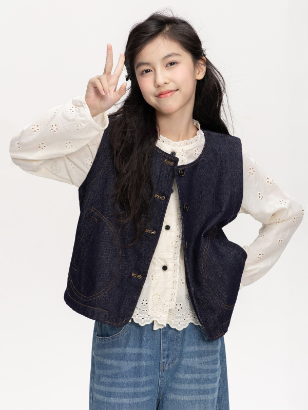 女童牛仔马甲2025秋季新款儿童复古圆领背心中大童休闲纯色上衣潮|undefined