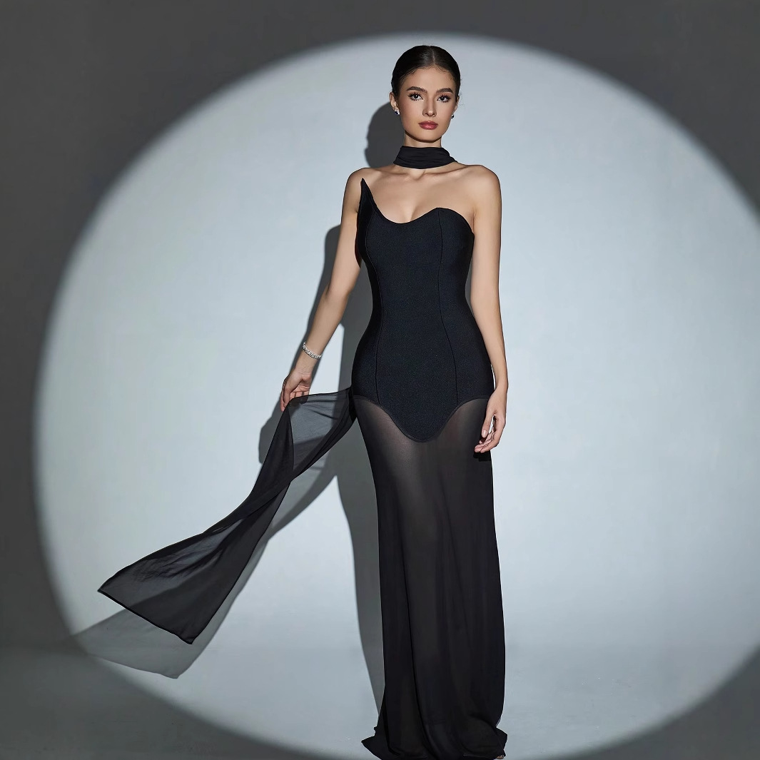 European and American Independent Station New See-Through Mesh Bandage Dress Sexy Backless Socialite Strapless Evening Gown for Women with a High-End Feel