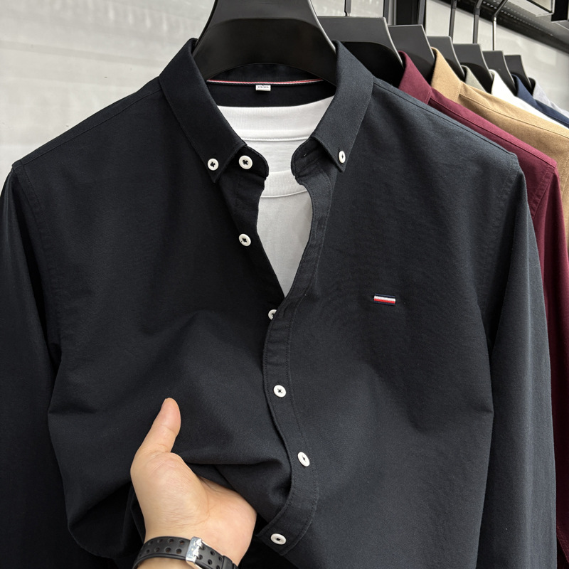 Tommy pure cotton long-sleeved solid color shirt for men, business style, wrinkle-free, embroidered, casual, high-end menswear.