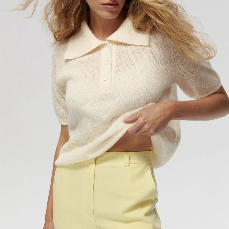 Cross-Border Polo Hollow-Out Knitted Short-Sleeve Sweater 2025 Spring/Summer New Style Puff Sleeve T-Shirt Simple Knitted Sweater for Women