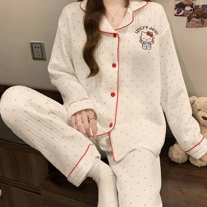 秋冬款空气棉加厚睡衣卡通夹层套装甜美保暖少女家居服可外穿批发