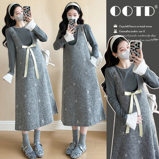 Pregnant women suit spring and autumn 2 season 025 new Korean fashion heavy industry lazy wind vest skirt base coat two-piece set