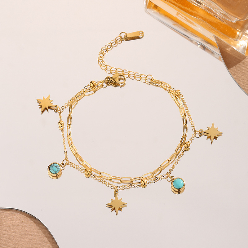 Meiji 2024 transfronteriza europea y americana nuevo titanio acero geométrico azul turquesa Oval Sun Star colgante pulsera de la joyería