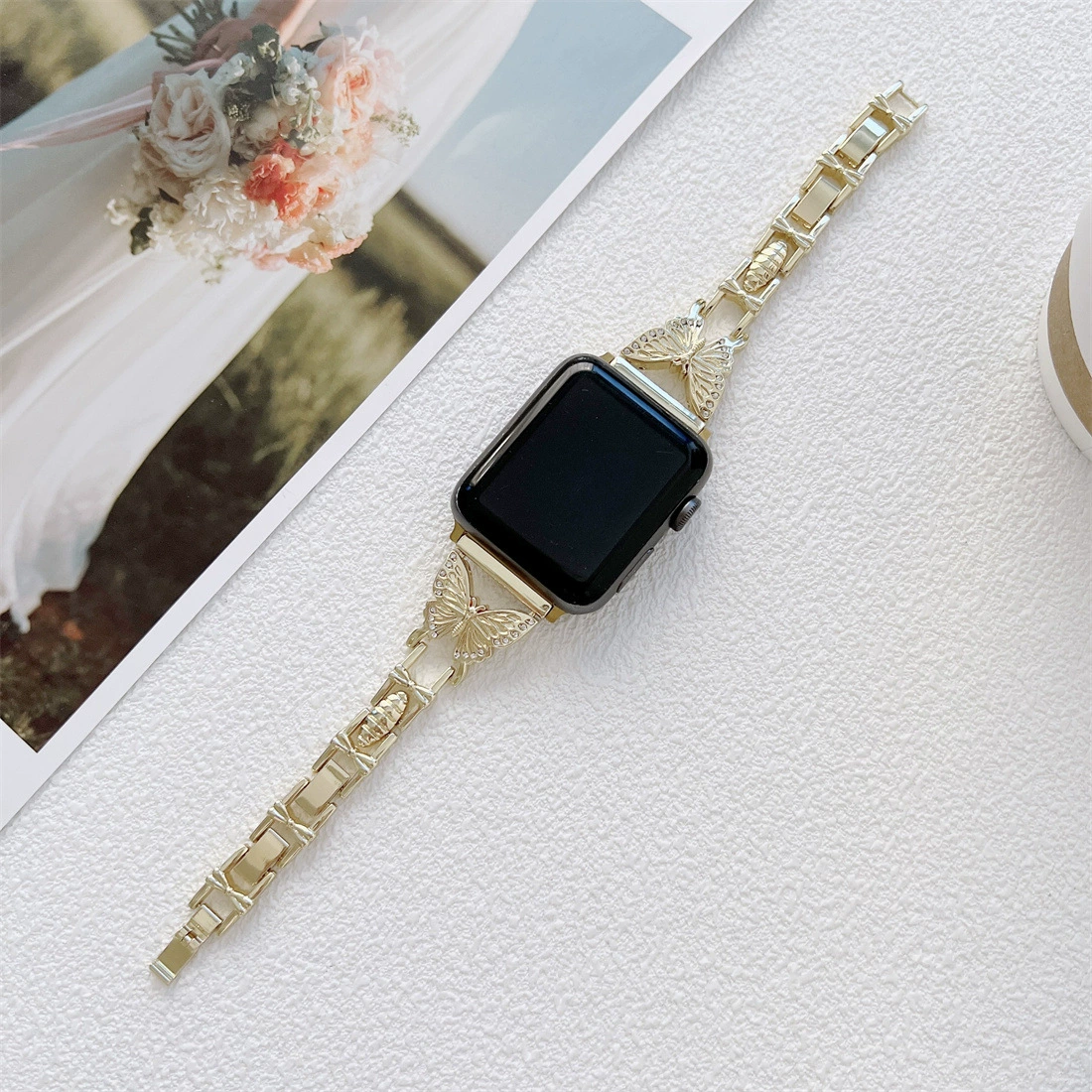 Совместимо с Apple Watch SE, Apple 1–7 поколения, ремешок из металлической цепи в стиле бабочки Hermes H, модный
