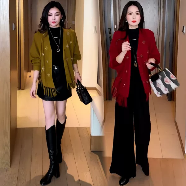 Stylish fringed V-neck knitted cardigan for women, 2026 autumn new collection, slimming, versatile, elegant, loose-fitting shawl-style outerwear, trendy