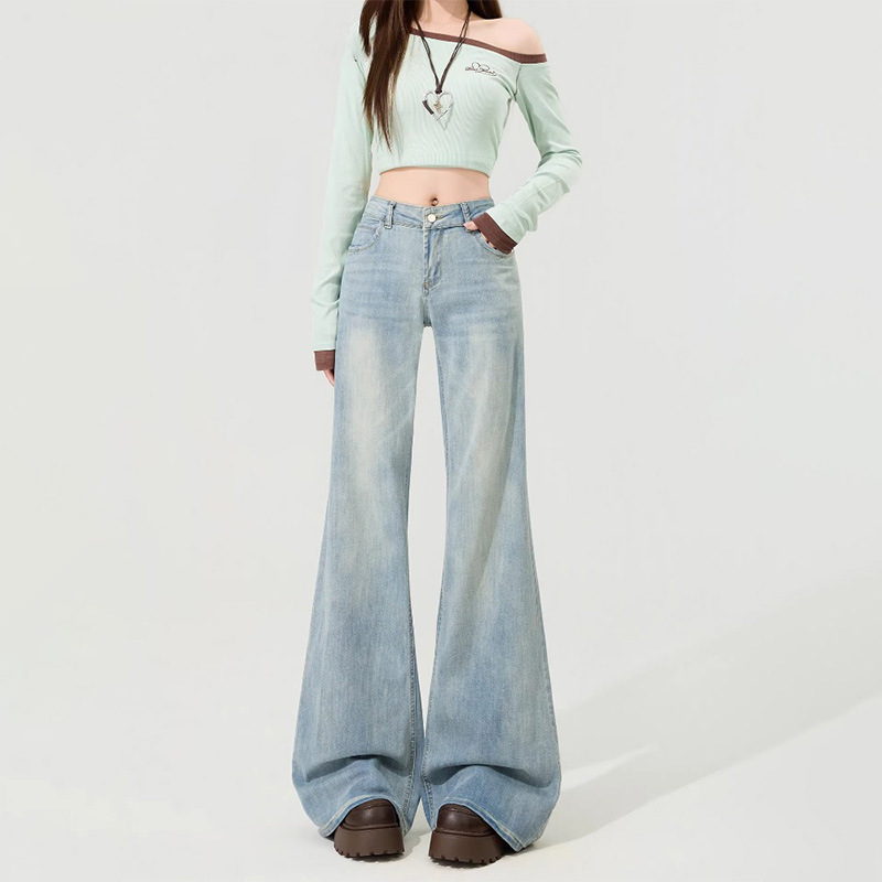 Light Blue Low-Waist Flared Jeans for Women, Spring 2026 New Design, Loose Fit, Not Tight on the Legs