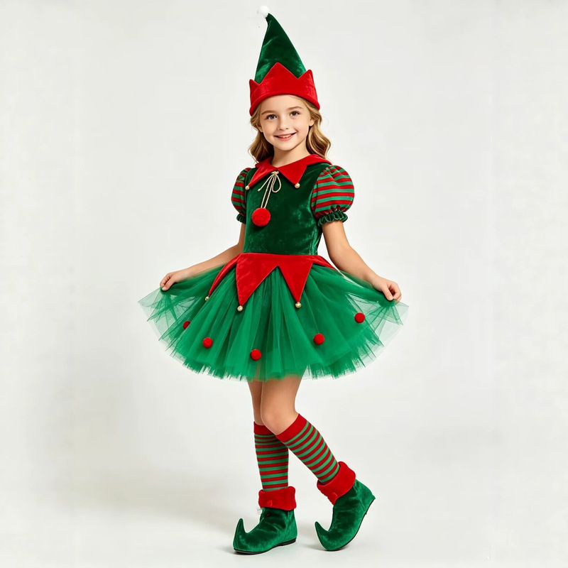 Children's Christmas Elf Performance Costume, Girls' Green Tutu Skirt Dance Outfit, Holiday Stage Dress Children's Christmas Elf Performance Costume, Girls' Green Tutu Skirt Dance Outfit, Holiday Stage Dress