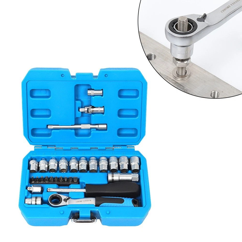 17-Piece Set of Multi-Functional Ratchet Sockets with Toothed Core Sockets, 12-Point Perforated Sockets, and Disassembly Tools