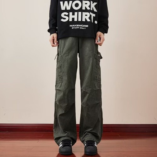 American Street Work Pants for Men - Fall/Winter Retro Washed Casual Trousers - Trend Brand Wide Leg Straight Leg Long Pants