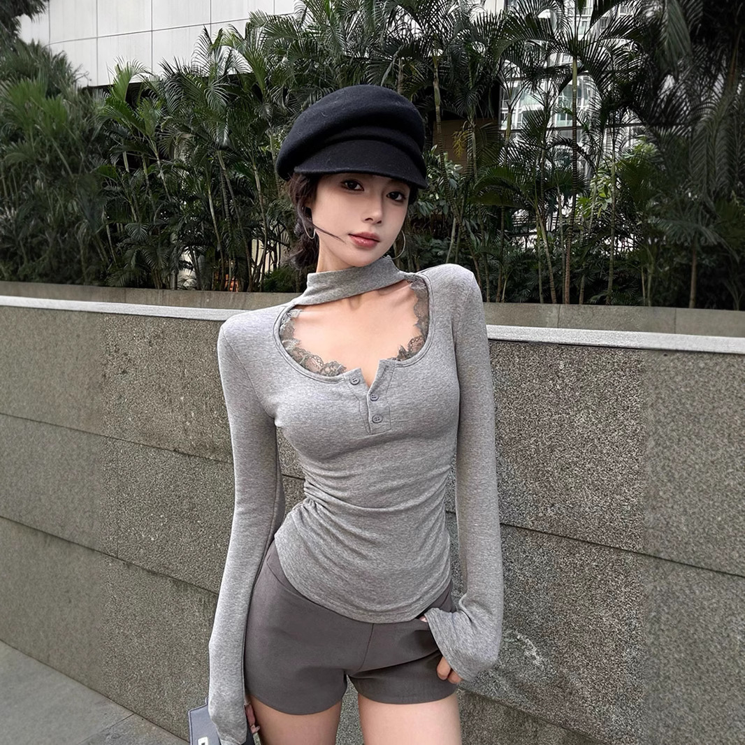 가을 겨울 여성용 레이스 스플라이싱 하프 터틀넥 긴팔 티셔츠 슬림 플리츠 디자인 퓨어 그레이 바텀 셔츠 탑