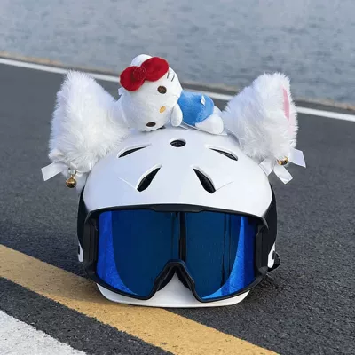Ear Helmet Decoration for Motorcycles, Cute Plush Doll for Electric Vehicles, Ski Riders, Motorcycle Decorations, Detachable (Dəbilqə (Kaska) aksesuarları) - cat-ears-without-helmet-white-pink-bells-and-kt-cat-dolls