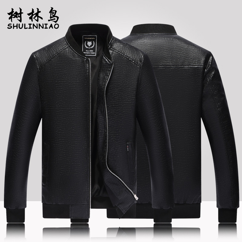 2022 New Baseball Collar Casual Jacket Coat Middle-aged and Elderly Thin Crewneck Men's Crocodile Pattern PU Leather Wholesale