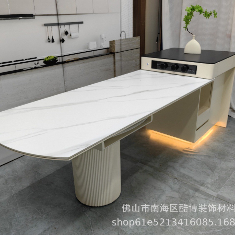 Light Luxury Style Slate Dining Table for Home Small Apartment Living Room Tea Table Integrated Retractable Tea Island Table Customized with Socket