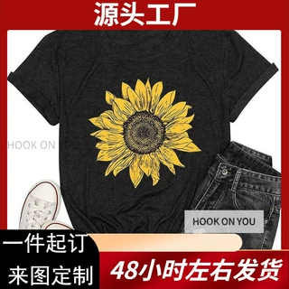 新款T恤女士上衣时尚向日葵印花图案短袖欧美T恤Round neck