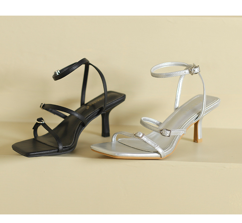 Giày sandal cao gót nữ mũi vuông hở mũi kiểu dáng gợi cảm — Màu đen chi tiết 11