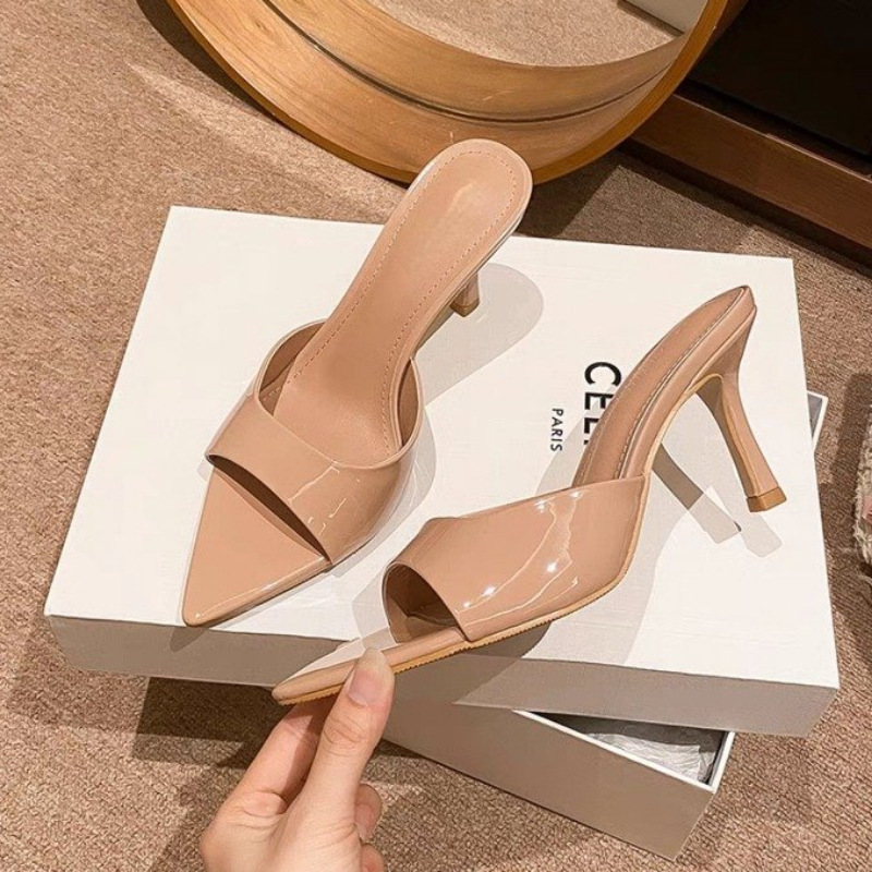 Patent Leather High-Heeled Sandals 2026 New Summer Versatile Stiletto Pointed Open-Toe Sexy Outdoor Slip-On Sandals