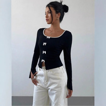 ins韩版蝴蝶结喇叭袖打底T恤女2024冬季新款方领百搭修身显瘦上衣