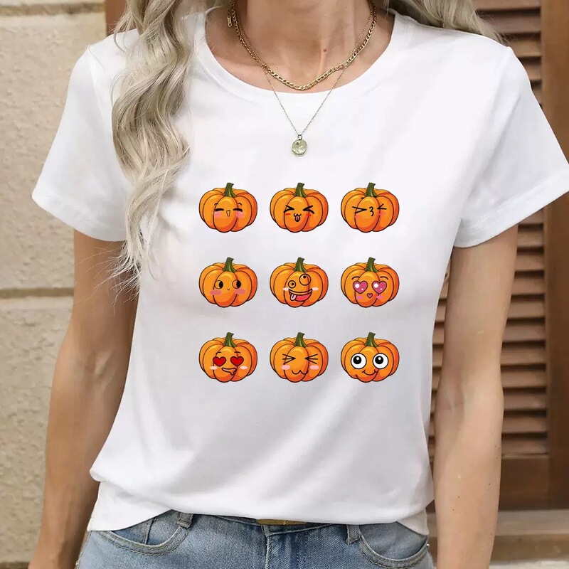 Halloween Simple Classic Drop-Shoulder T-Shirt for Women, Round Neck Pumpkin Print Women's Top, Short-Sleeve T-Shirt Trendy