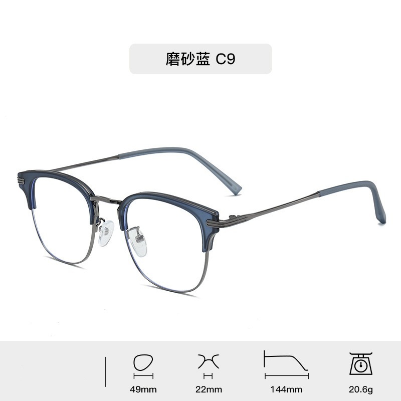 Moda de metal para hombres marcos de gafas comerciales lujosos anti-luz azul gafas de miopía TR90 con espejos de luz