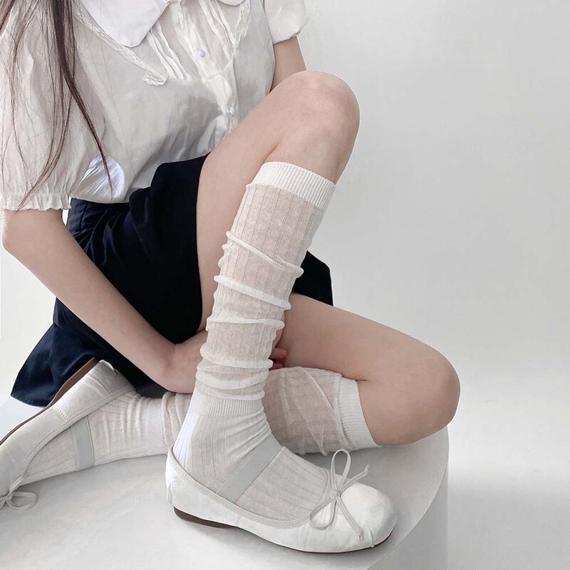 Spring and Summer Simple White Calf Socks for Women, Thin, Sweet Jk Cotton Vertical Stripess Over-The-Knee Pile Socks, Versatile