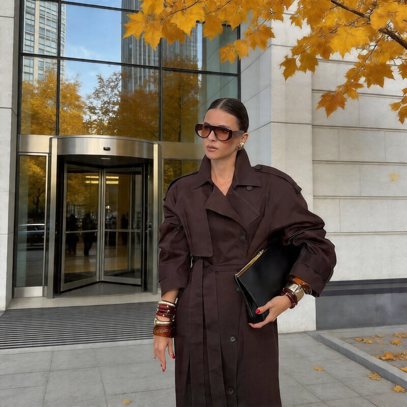 Korean Style Loose Hepburn Style Lapel Long Windbreaker Jacket for Women 2025 Autumn and Winter New Cross-Border European and American Style