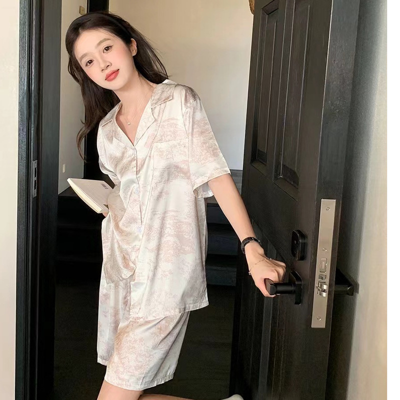 Spring and Summer New Ice Silk Short-Sleeved Shorts Women's Pajamas Ink Painting Luxury Home Wear Set Cool and Breathable