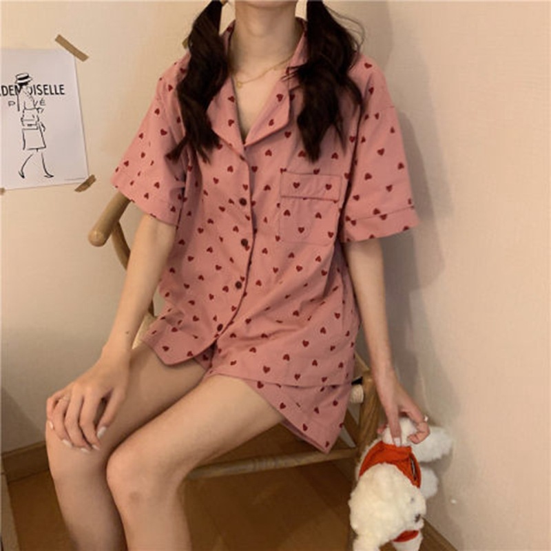 La celebridad de Internet se puede usar fuera de la entrega de dos piezas de verano Pijamas de manga corta de verano de las mujeres de estilo coreano flojo encantador de la muchacha Linda