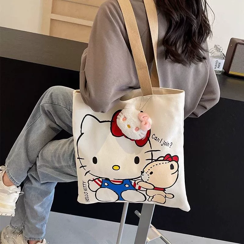 Hello Kitty, вместительная сумка для покупок, сумка через плечо, милая льняная сумка