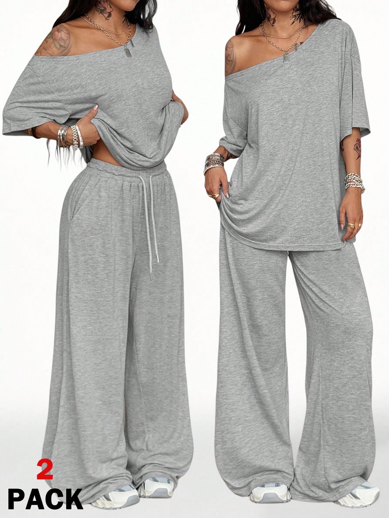 2026 Women's Casual Solid Color Oblique Neck Wide Leg Pants Set Sports Two-piece Set Loose Pants_ecoleips.com