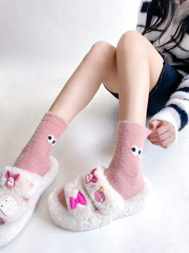Autumn and winter plush socks for men and women, cute big-eyed mink velvet thickened solid color warm socks, mid-calf floor socks