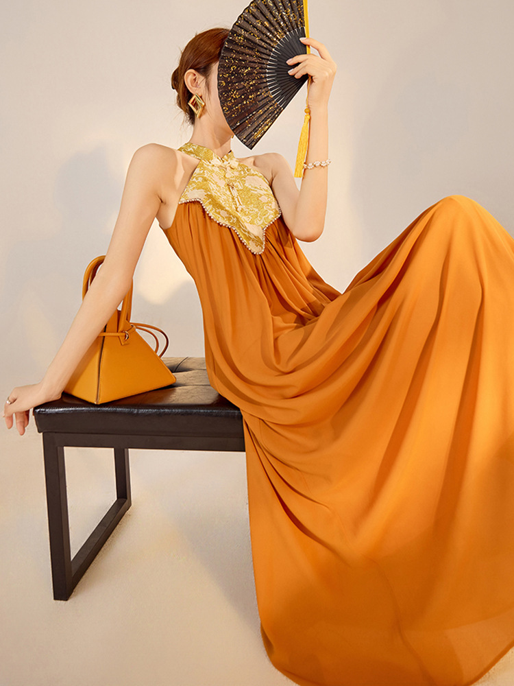 Váy dài cổ qipao thiết kế sang trọng mùa xuân hè — Màu cam, Màu mơ
