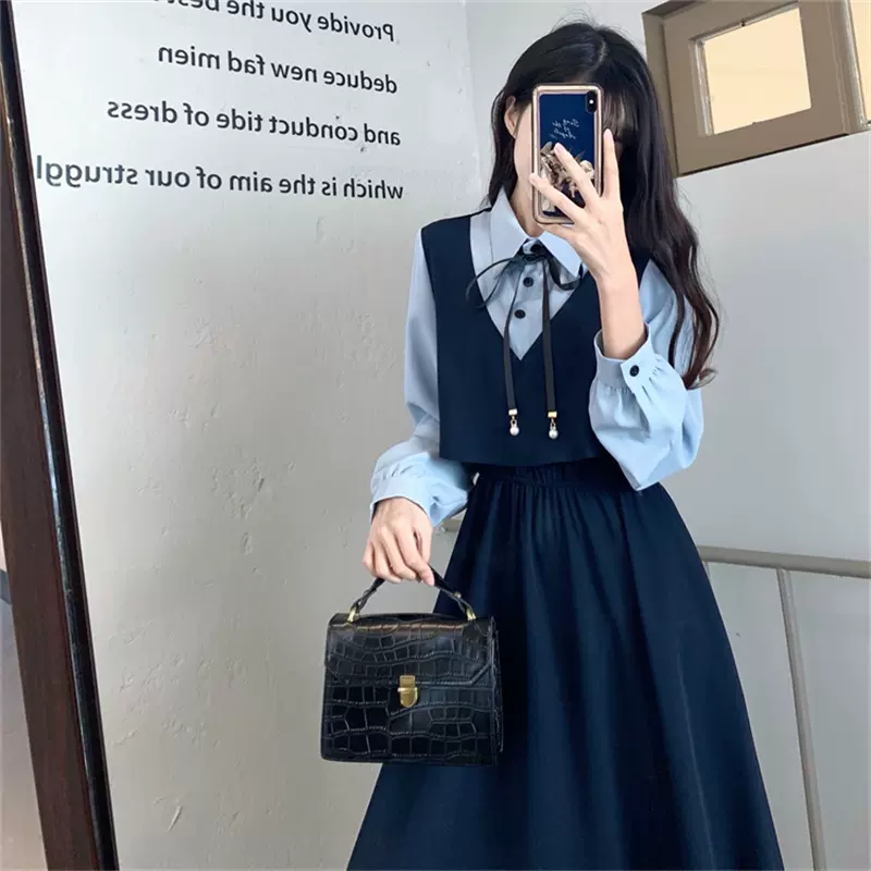 学院风甜美拼接系带假两件连衣裙女学生韩版显瘦收腰中长A字裙子