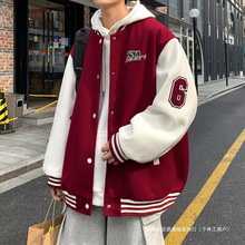 酒红色美式hiphop棒球服男秋冬季roora情侣装外套拼色飞行员夹克