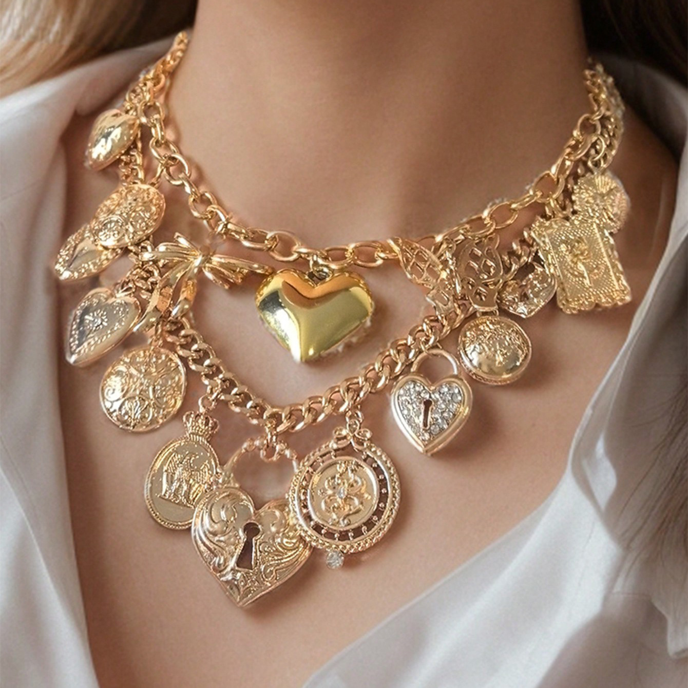 Daily Occasion CCB, Alloy Material IG Style Vintage Style Heart Shape Rose Bow Knot Rhinestones CCB Alloy Cuban Link Chain Curb Chain Layered Necklaces Wholesale