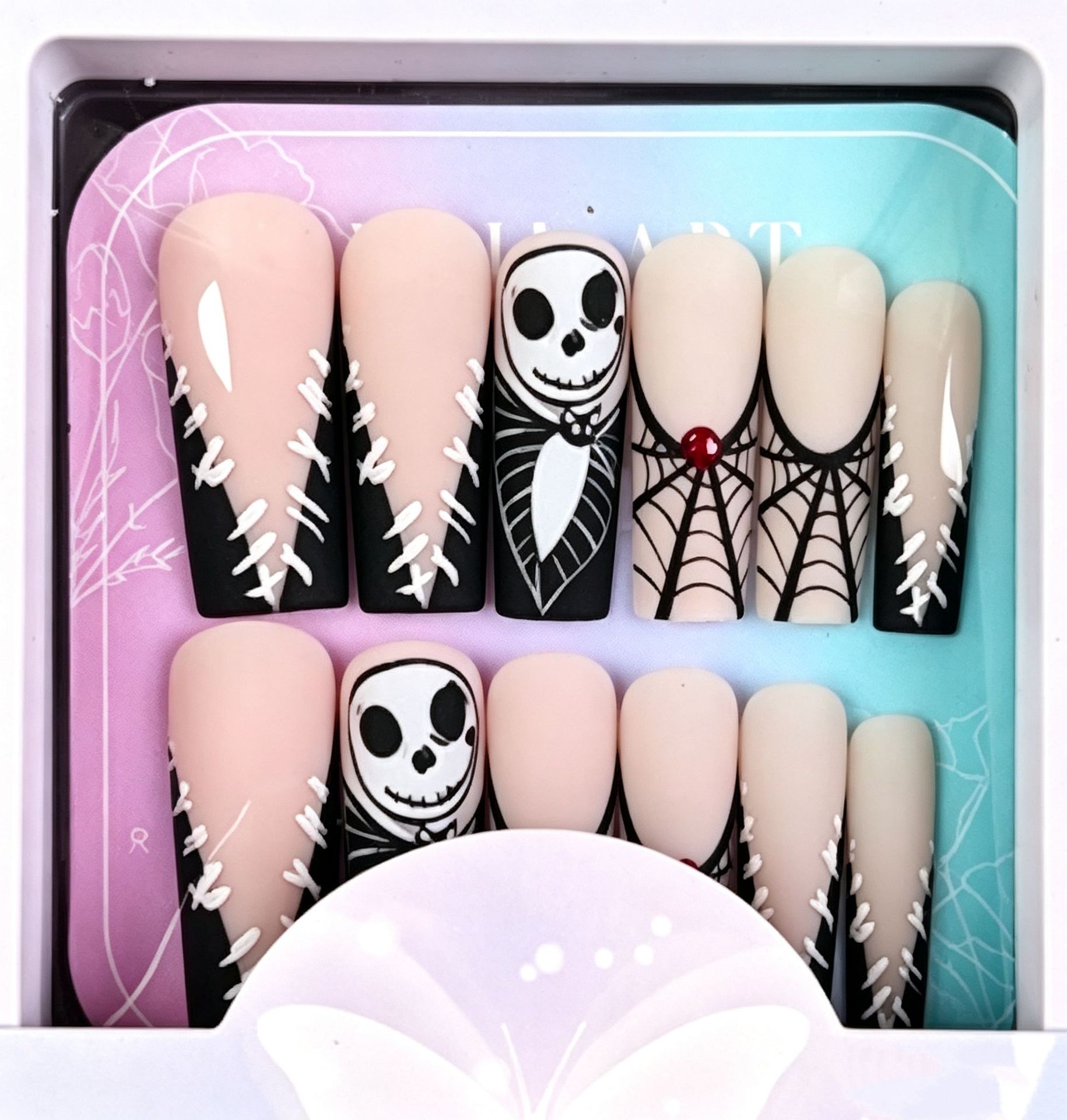 Halloween tela de araña francesa piezas de uñas gemas rojas con diamante armadura de tubería de agua cruzada venta caliente de cráneo para usar armadura image 7