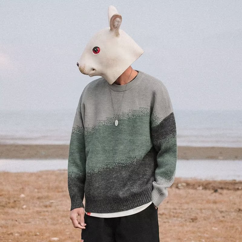 Gradient Color Crewneck Sweater Men's Winter New Loose Knitted Sweater High-grade Sense Super Good-looking Men's Sweater Trendy