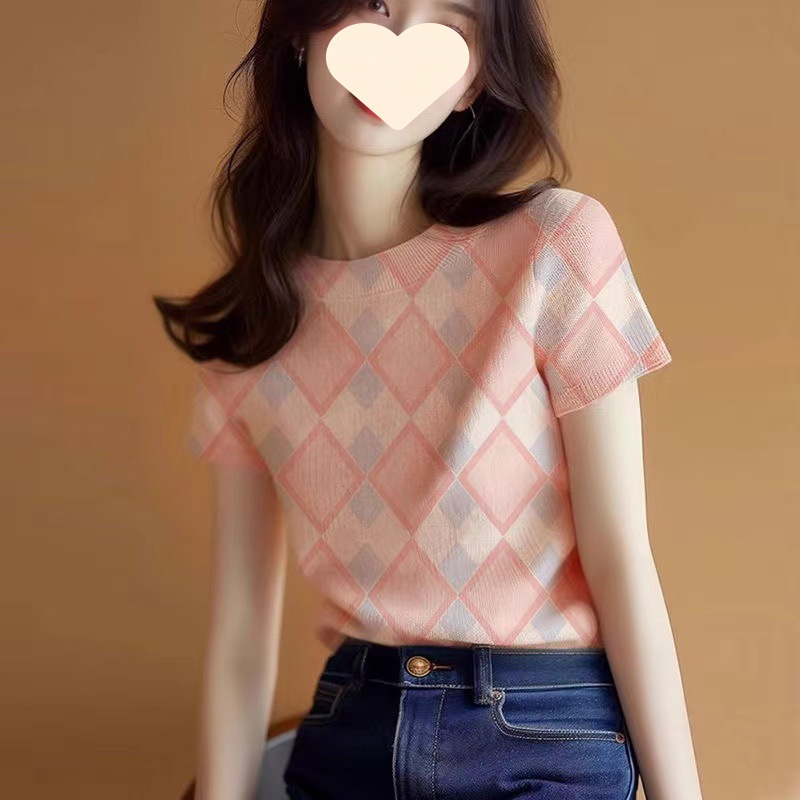 ピンクニット半袖Tシャツレディース2025新作ヨーロピアンスタイルシャツ夏スイートトップ見栄えの良い右肩|undefined