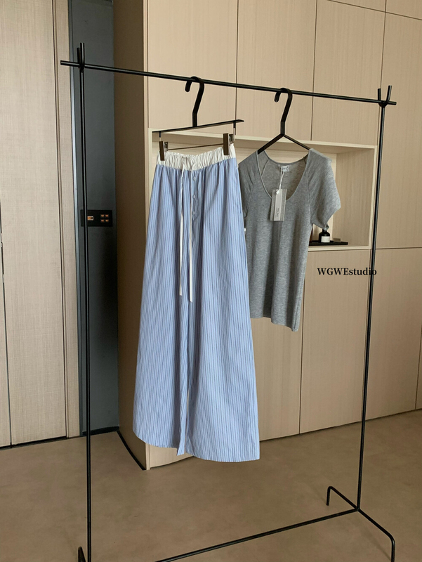 WGWE 夏の女性の韓国風ファッショナブルなストライププリントダブルウエストスプライシングルーズストレートワイドレッグカジュアルパンツ W6522|undefined