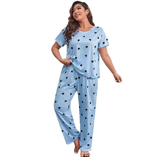 Elegant Oversized European and American Style Women's Sleepwear Loose Short-Sleeve Heart-Printed Long Pants Set Homecoming Pajamas