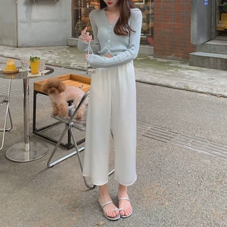 You压纹醋酸飘飘裤轻薄气质百搭直筒休闲九分裤女夏新款宽松长裤