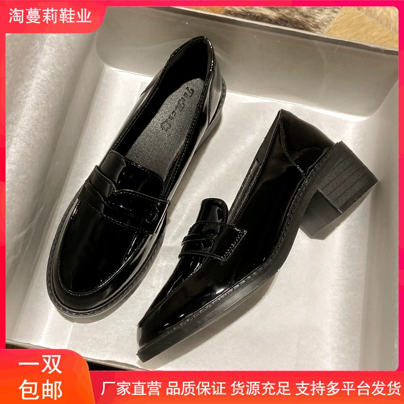 Туфли из натуральной кожи, Женская Осенняя черная Шапка-бини в британском стиле, Рабочая обувь на высоком каблуке со средней подошвой, лефу, 2021