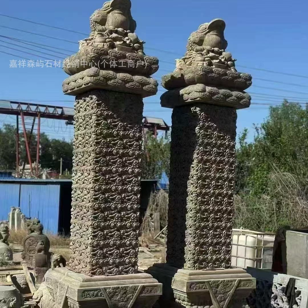 Каменная резьба, золотая жаба, колонна фэн-шуй, голубой камень, благоприятная облако, колонна, храм, квадратный рельефный узор, культурная колонна, голубой камень, резной каменный столб