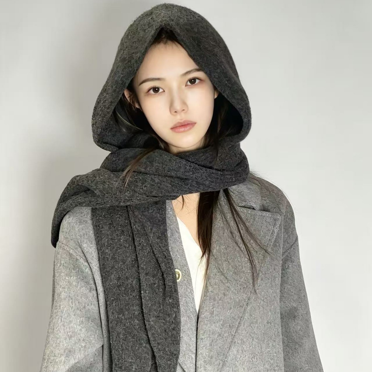 Autumn and Winter Solid Color One-Piece Knitted Hat and Shawl, Dual-Use, Thickened for Warmth, Neck Protection, Wool