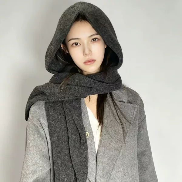 Autumn and Winter Solid Color One-Piece Knitted Hat and Shawl, Dual-Use, Thickened for Warmth, Neck Protection, Wool