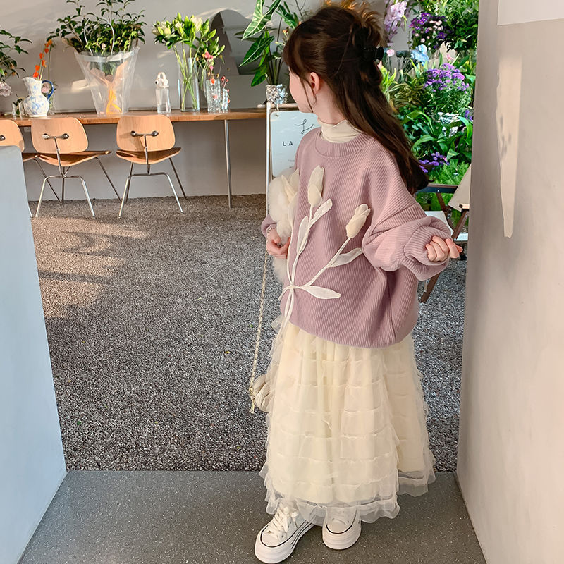 女童套装秋冬新款儿童立体花朵毛衣加绒韩版公主纱裙半身裙两件套
