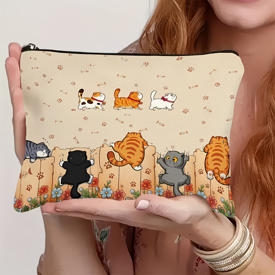 Fuente de fabricación directa de varios estilos de gato impresa bolsa de lona con cremallera bolsa de cambio de mano almacenamiento de cosméticos